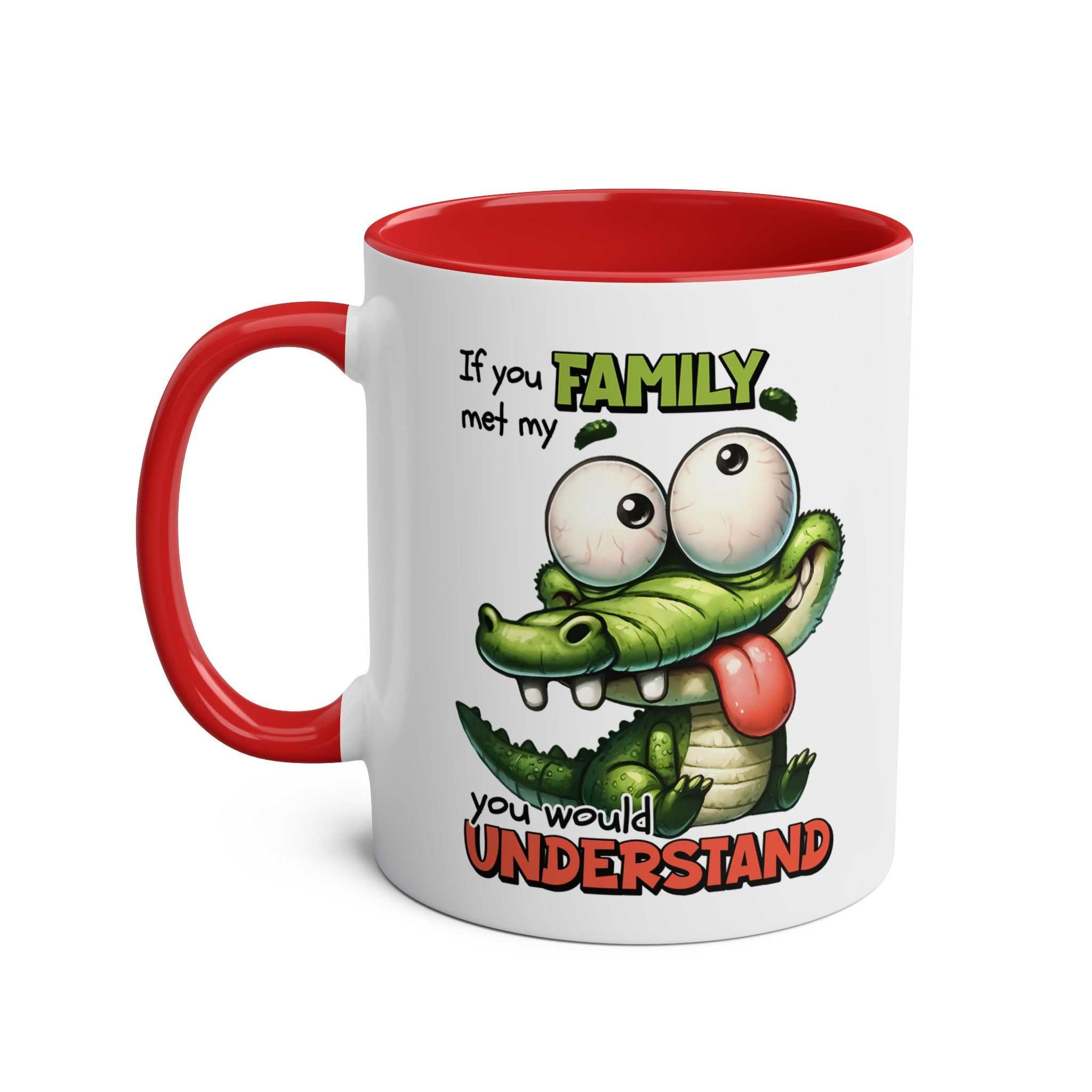 Family Coffee Mug with fun crocodile design, quirky and playful, available in seven colors, 11oz ceramic, glossy finish, microwave and dishwasher safe.