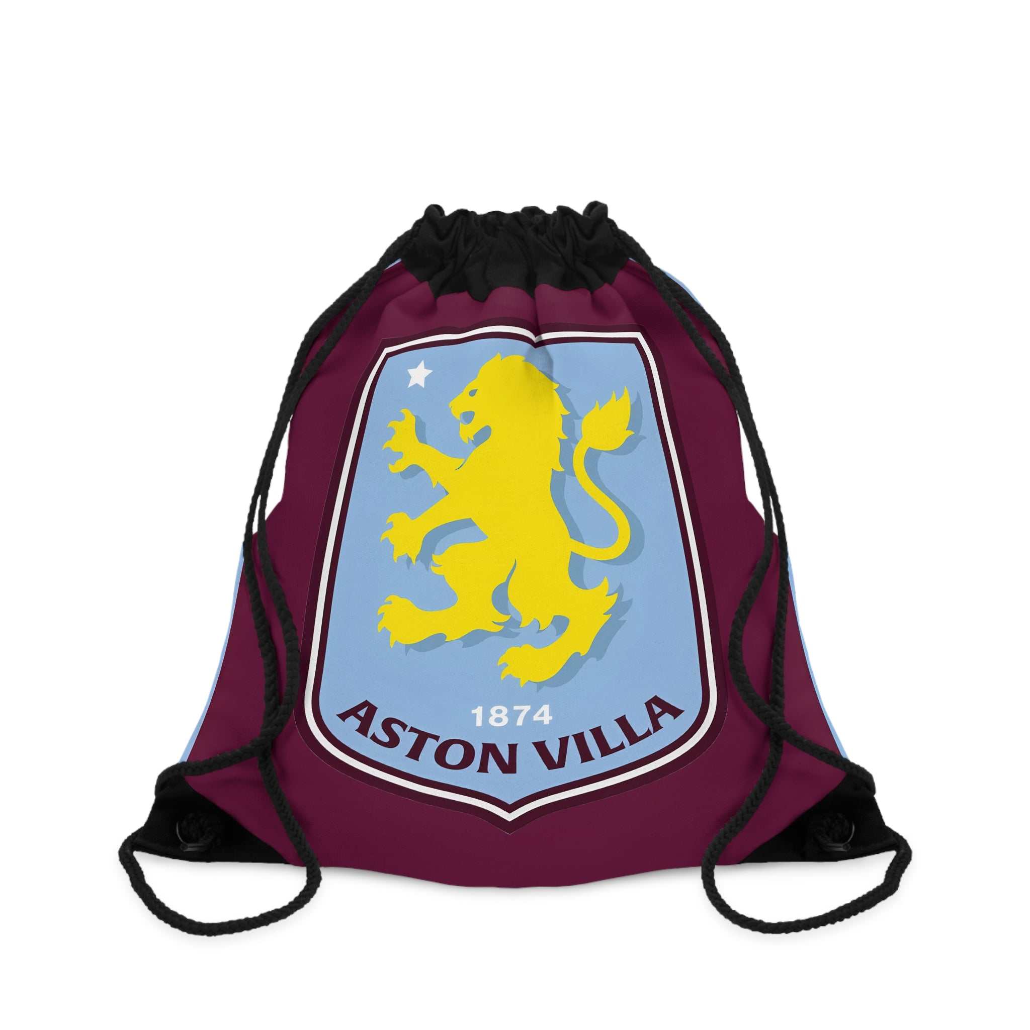 Aston Villa drawstring bag in claret and blue with club crest, lightweight polyester, spacious and durable for gym, travel, or school use