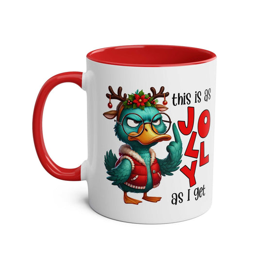 Sarky Christmas Mug with sassy duck design, available in 7 colors, glossy 11oz ceramic, microwave and dishwasher safe.