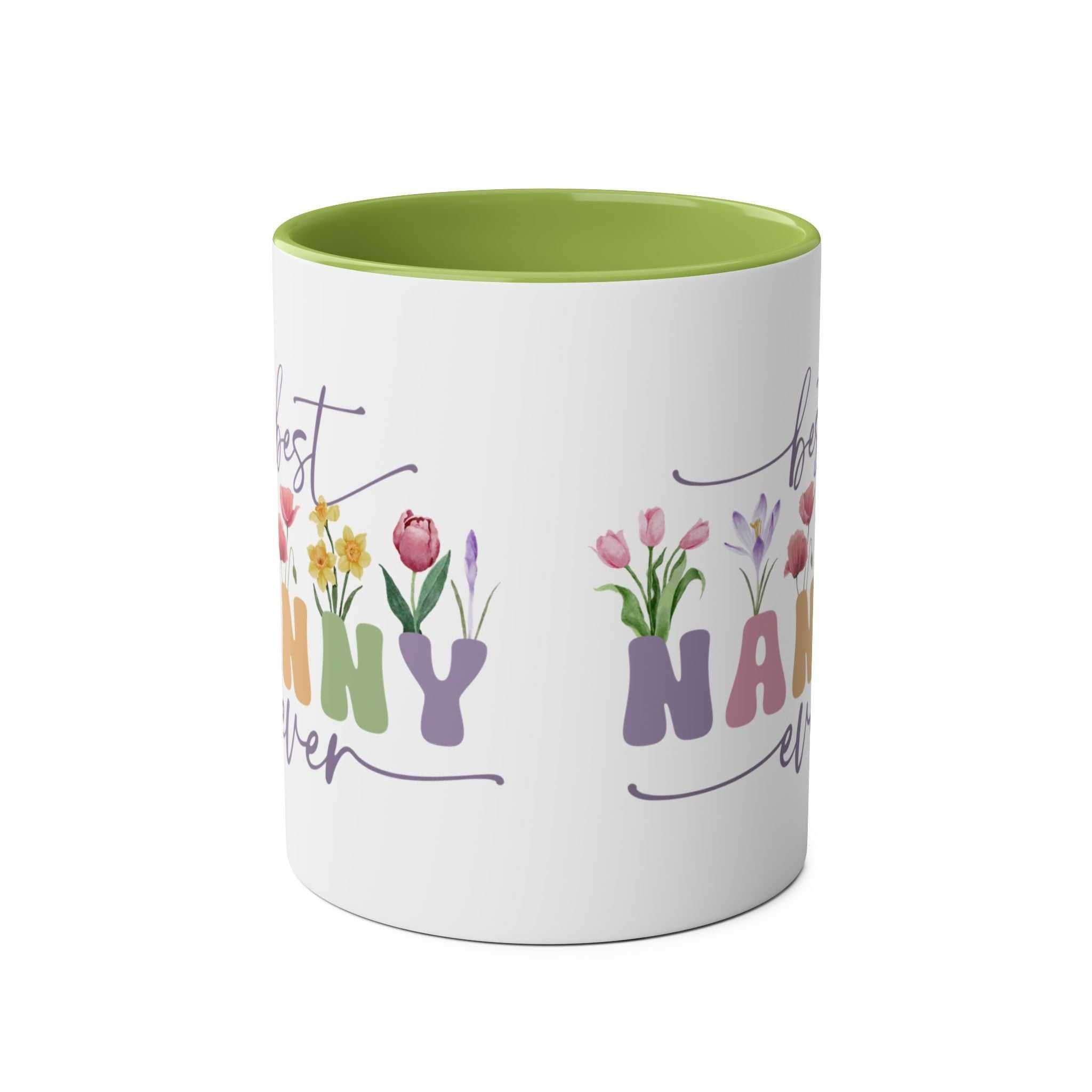 Best Nanny Ever Mothers Day Gift Mug with floral design and green interior.