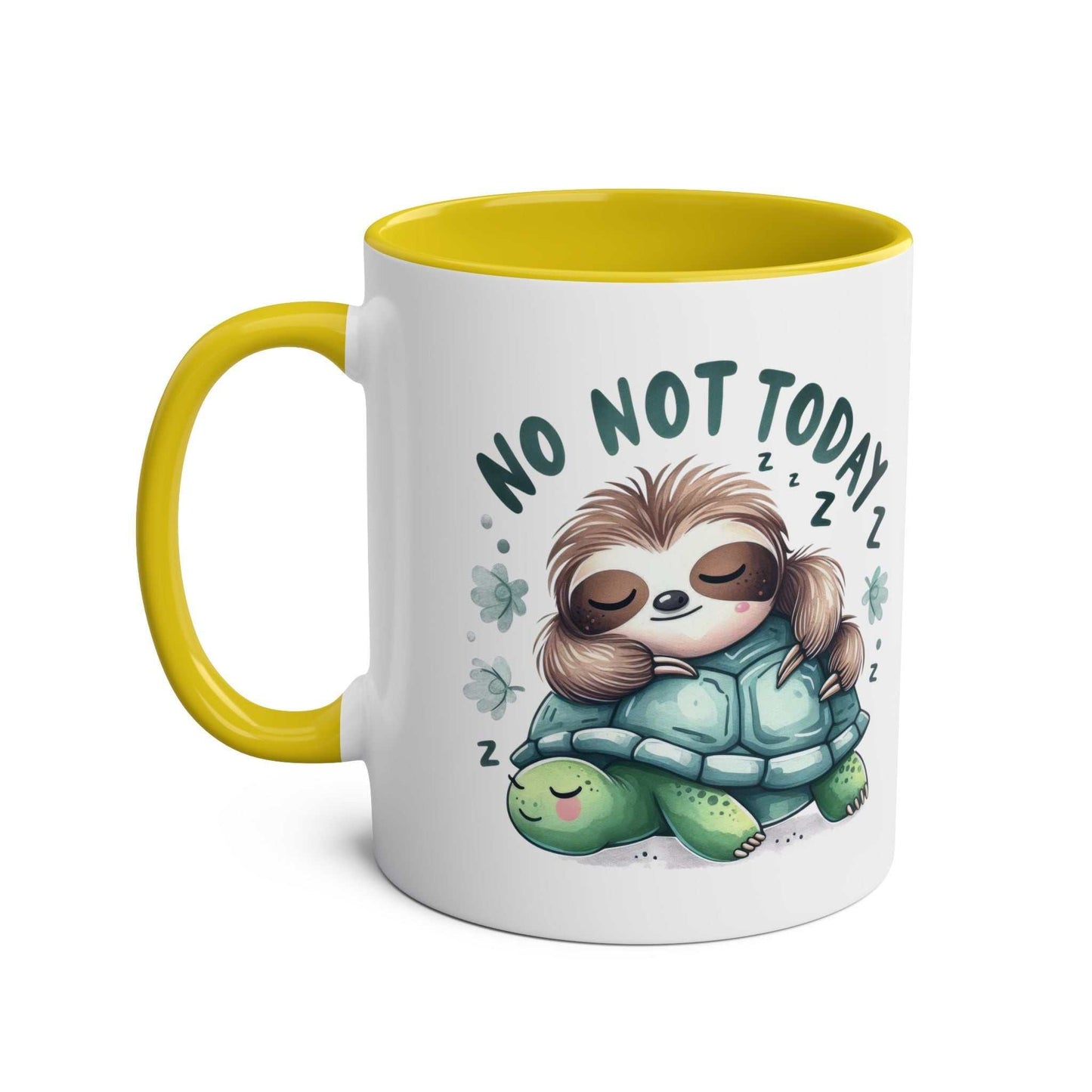 Cute sloth coffee mug with "No Not Today" text and yellow handle.