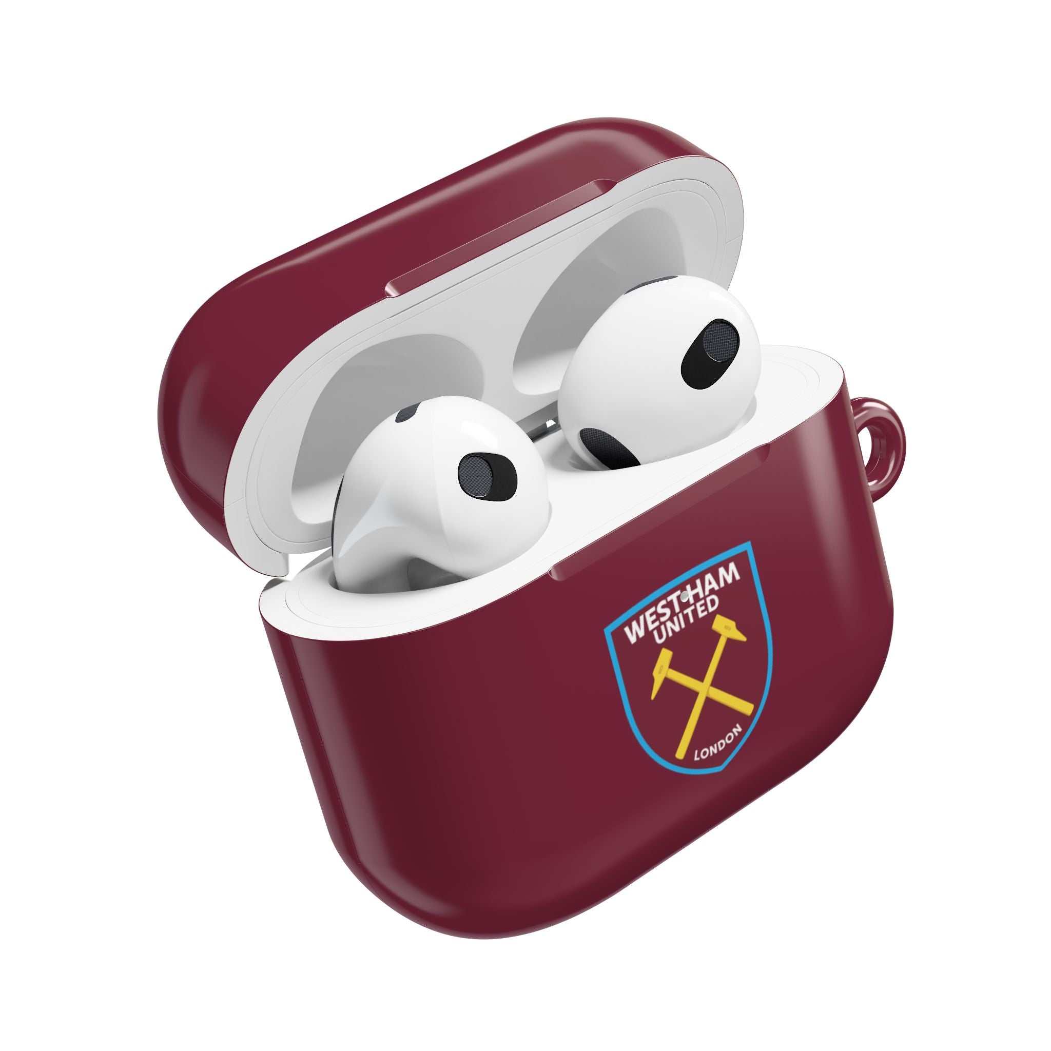 West Ham Utd FC AirPods protective case in claret with crossed hammers crest