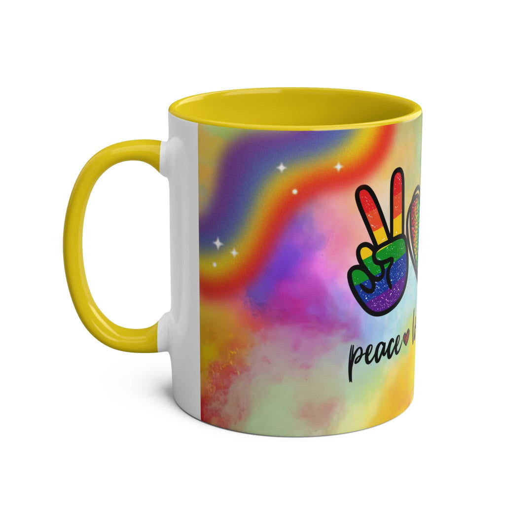 Vibrant LGBTQ+ Pride Mug with rainbow design and peace symbol.