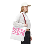 Pink heart tote bag with cheeky fun design and multiple handle color options