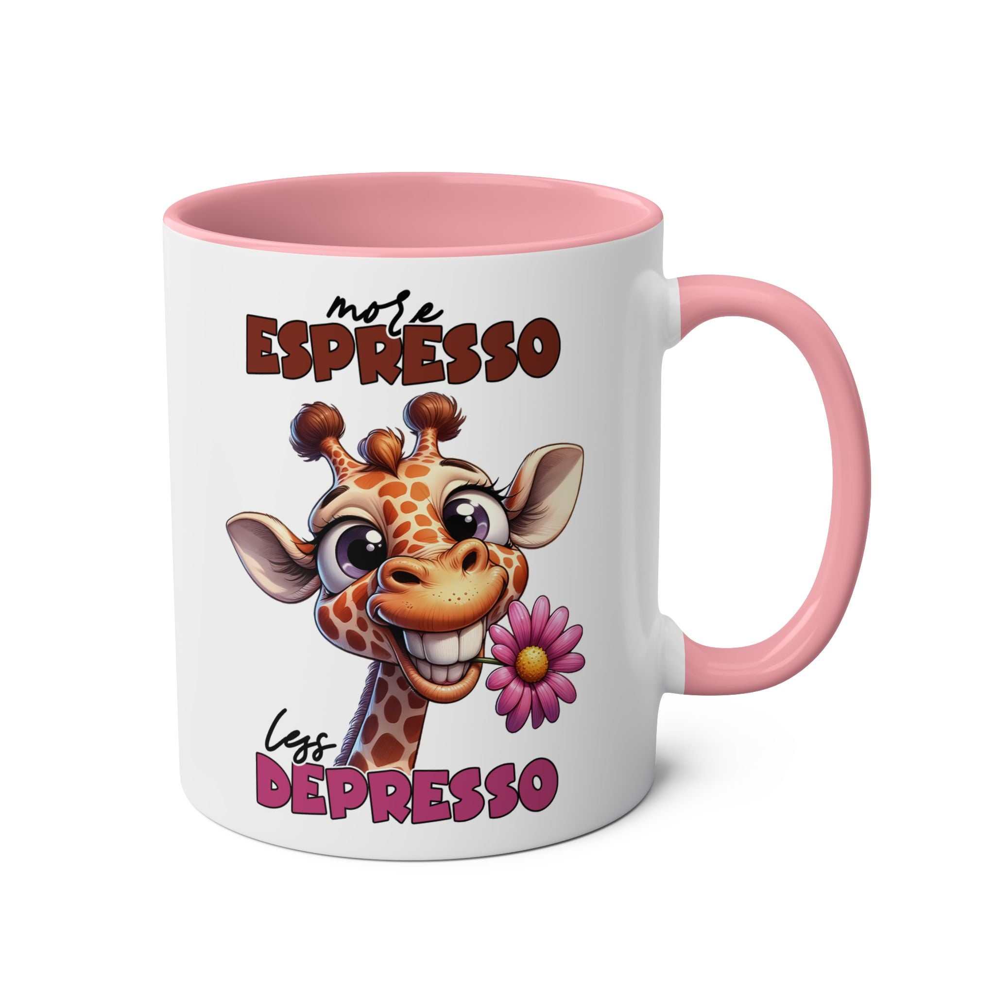 More Expresso Coffee Mug with giraffe design, available in 7 colors, 11oz ceramic, microwave and dishwasher safe.