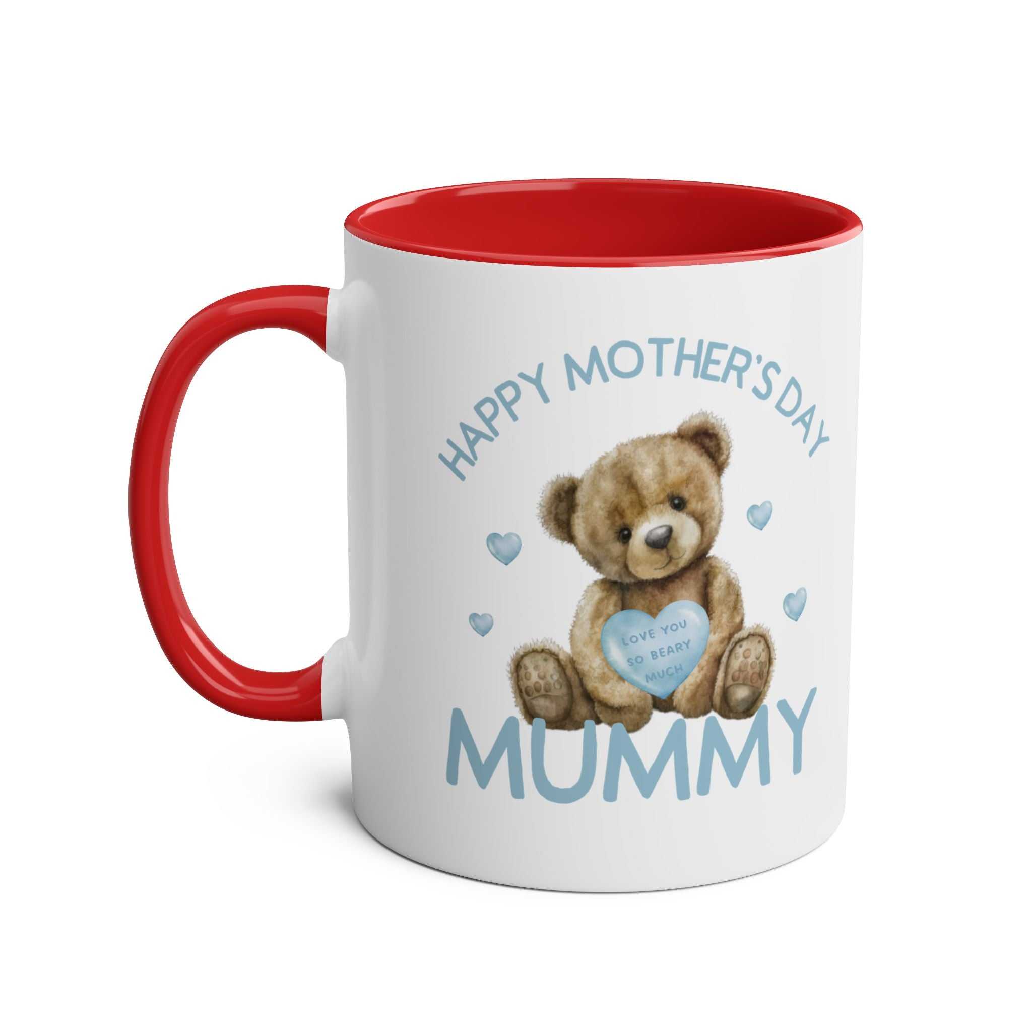 Cute Bear Mother's Day gift mug with loving bear design and red handle.