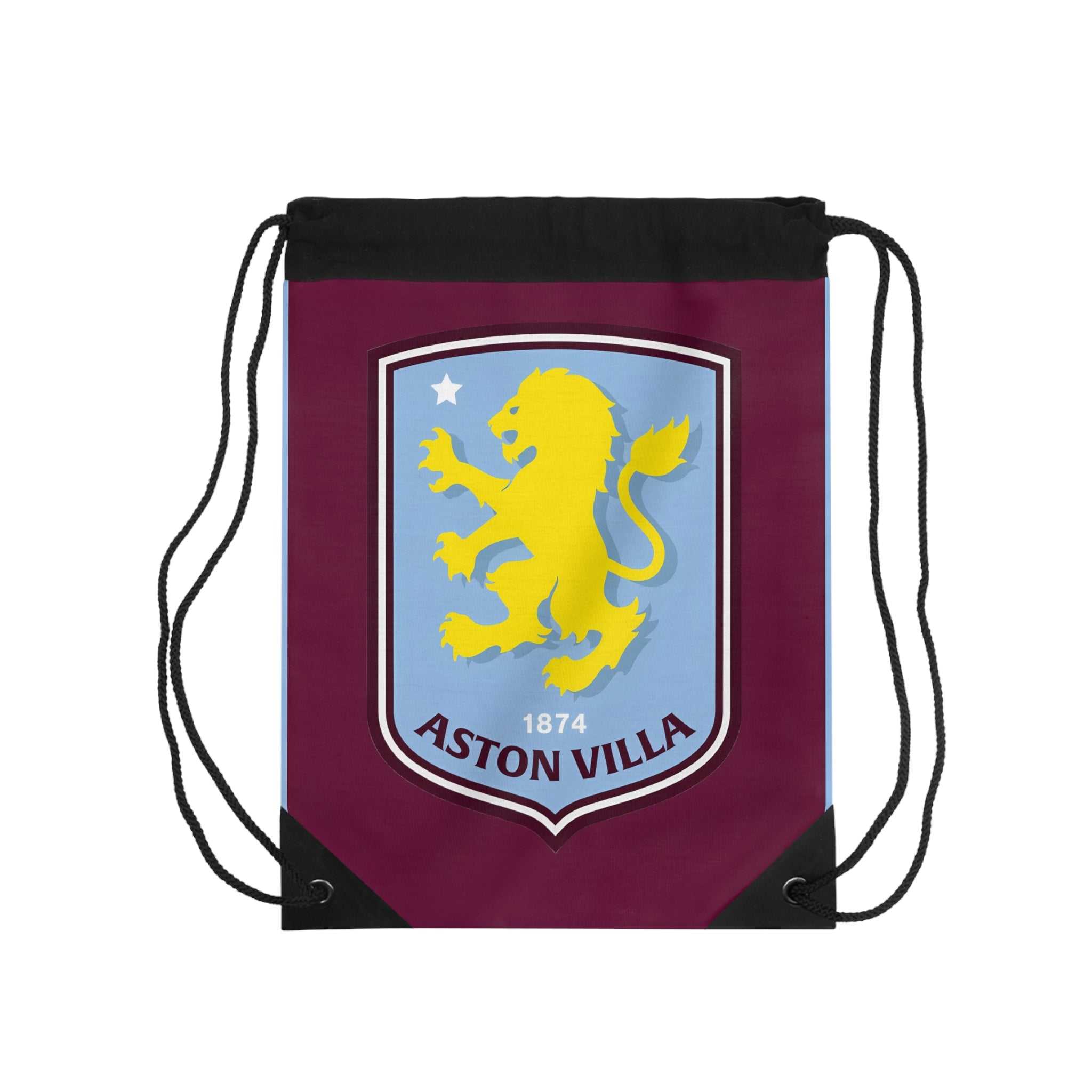 Aston Villa drawstring bag in claret and blue with club crest, lightweight polyester, durable and spacious for gym or everyday use