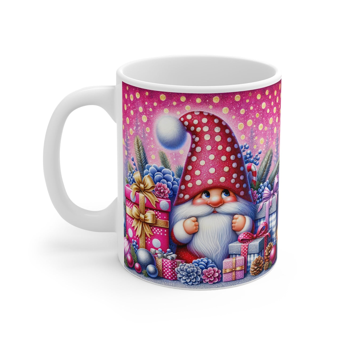 Christmas Gnome Mug with festive design, 11oz ceramic, glossy finish, microwave and dishwasher safe.