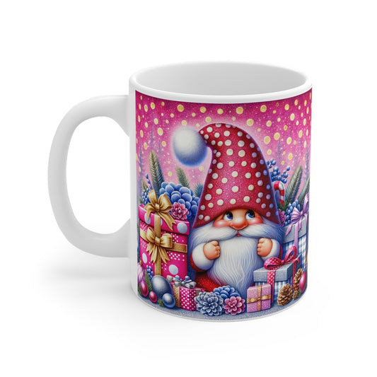 Christmas Gnome Mug with festive design, 11oz ceramic, glossy finish, microwave and dishwasher safe.