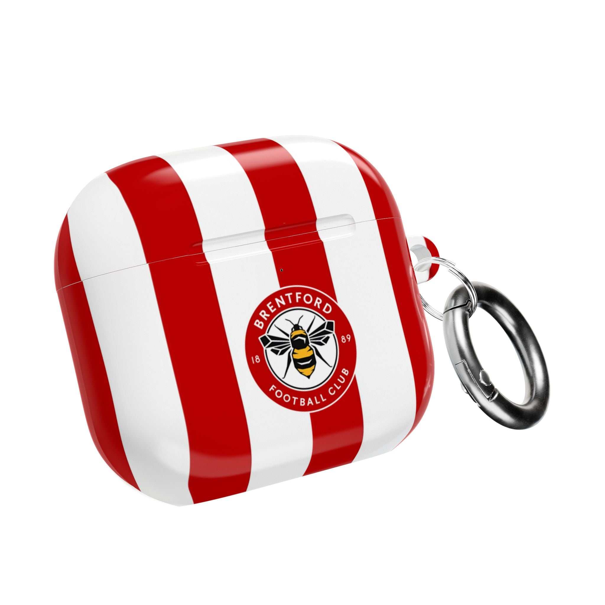 Brentford FC AirPods protective hard case with red and white stripes and bee crest, shock-resistant, compatible with wireless charging