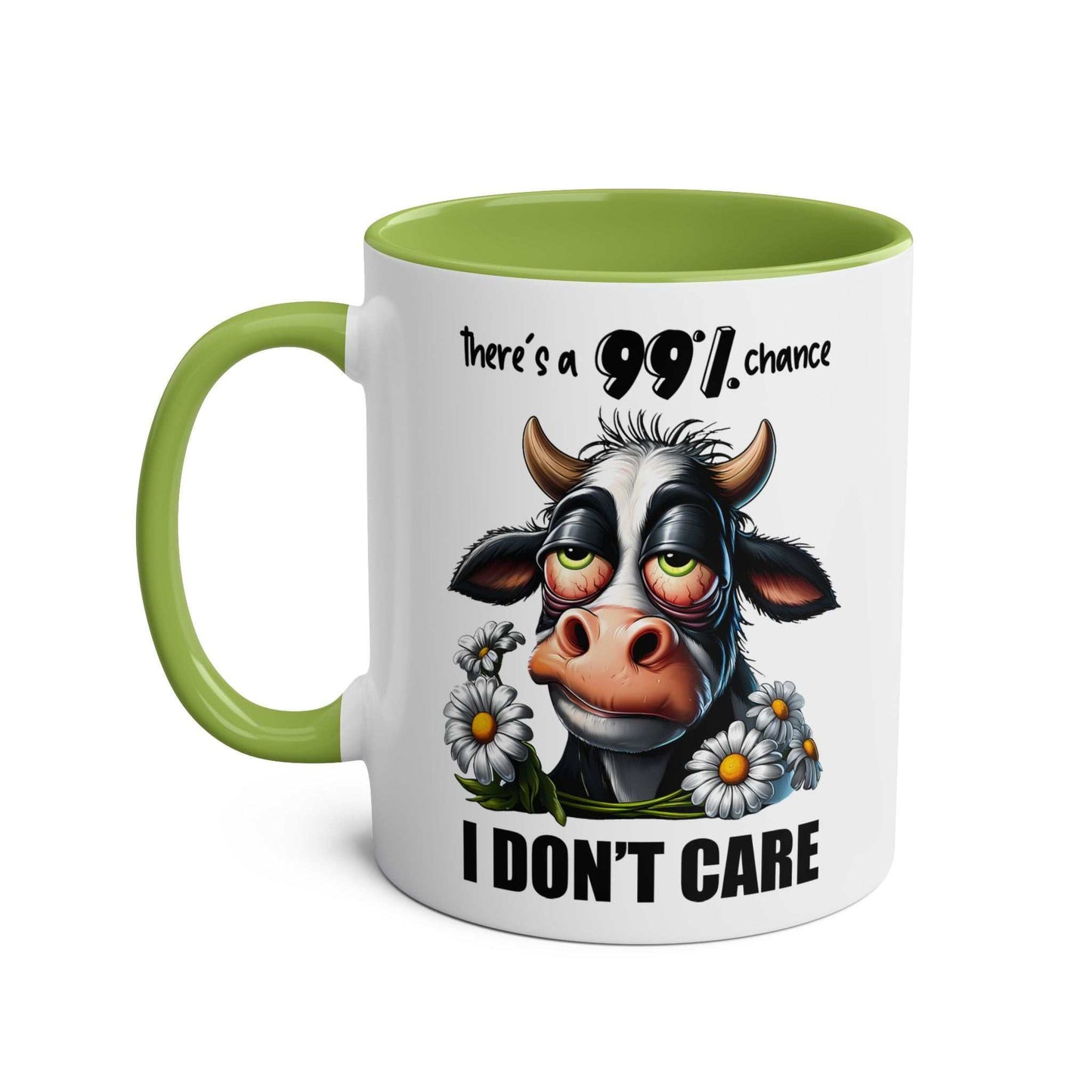 I Don't Care Coffee Mug with sarky cow design, glossy finish, microwave and dishwasher safe, green handle and interior.