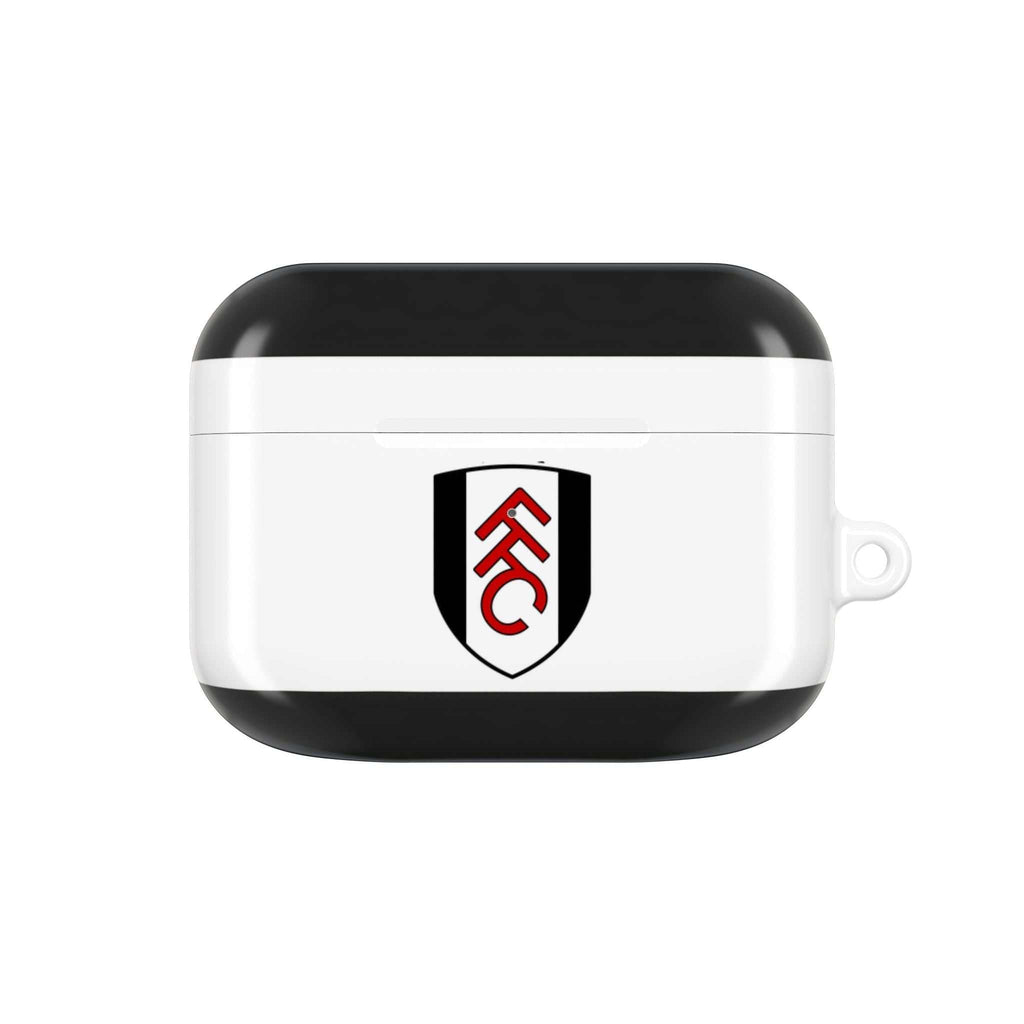 Fulham FC AirPods protective case in black and white with club crest, glossy finish, shock-resistant design