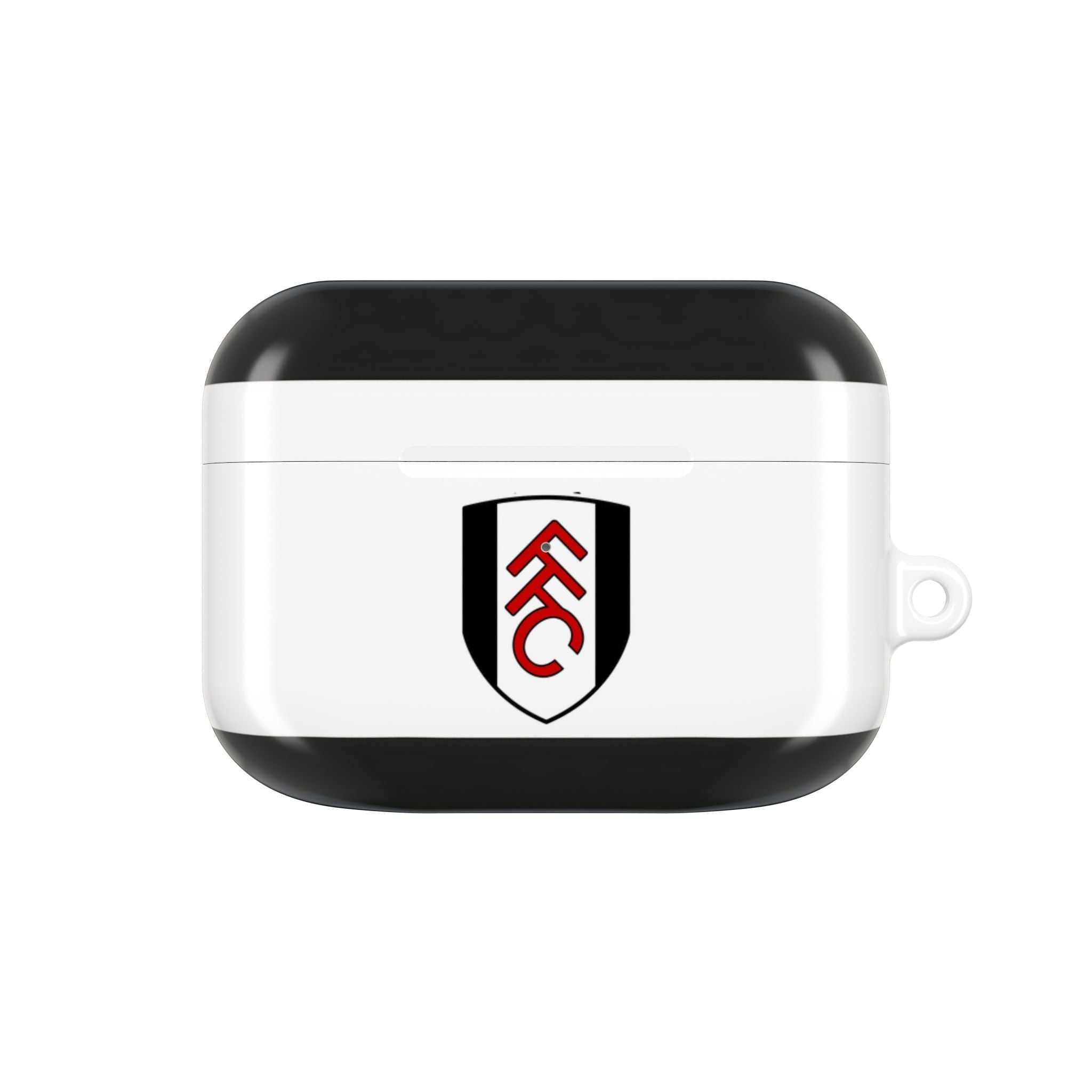 Fulham FC AirPods protective case in black and white with club crest, glossy finish, shock-resistant design