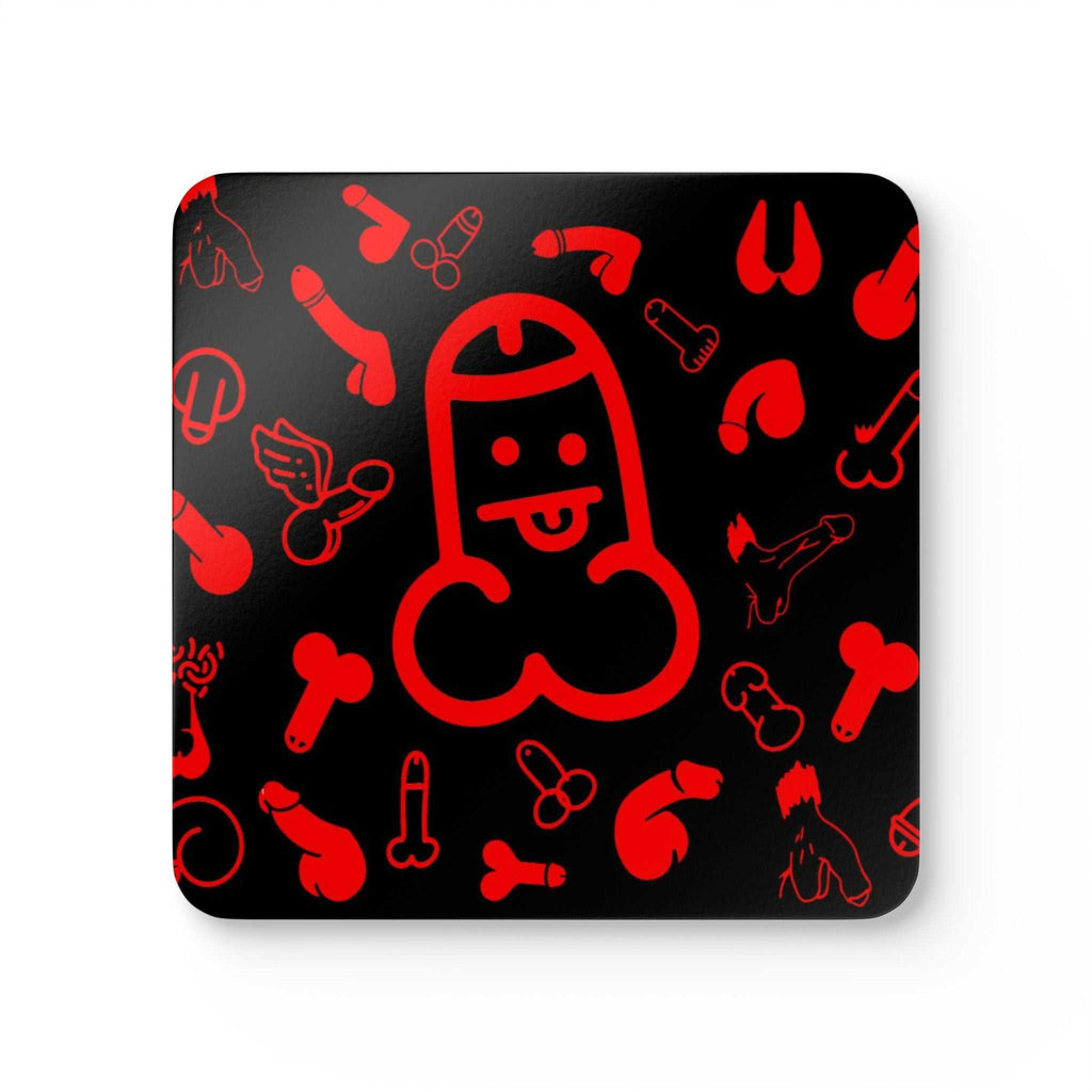 Cheeky red-themed coaster with playful designs, set of four.