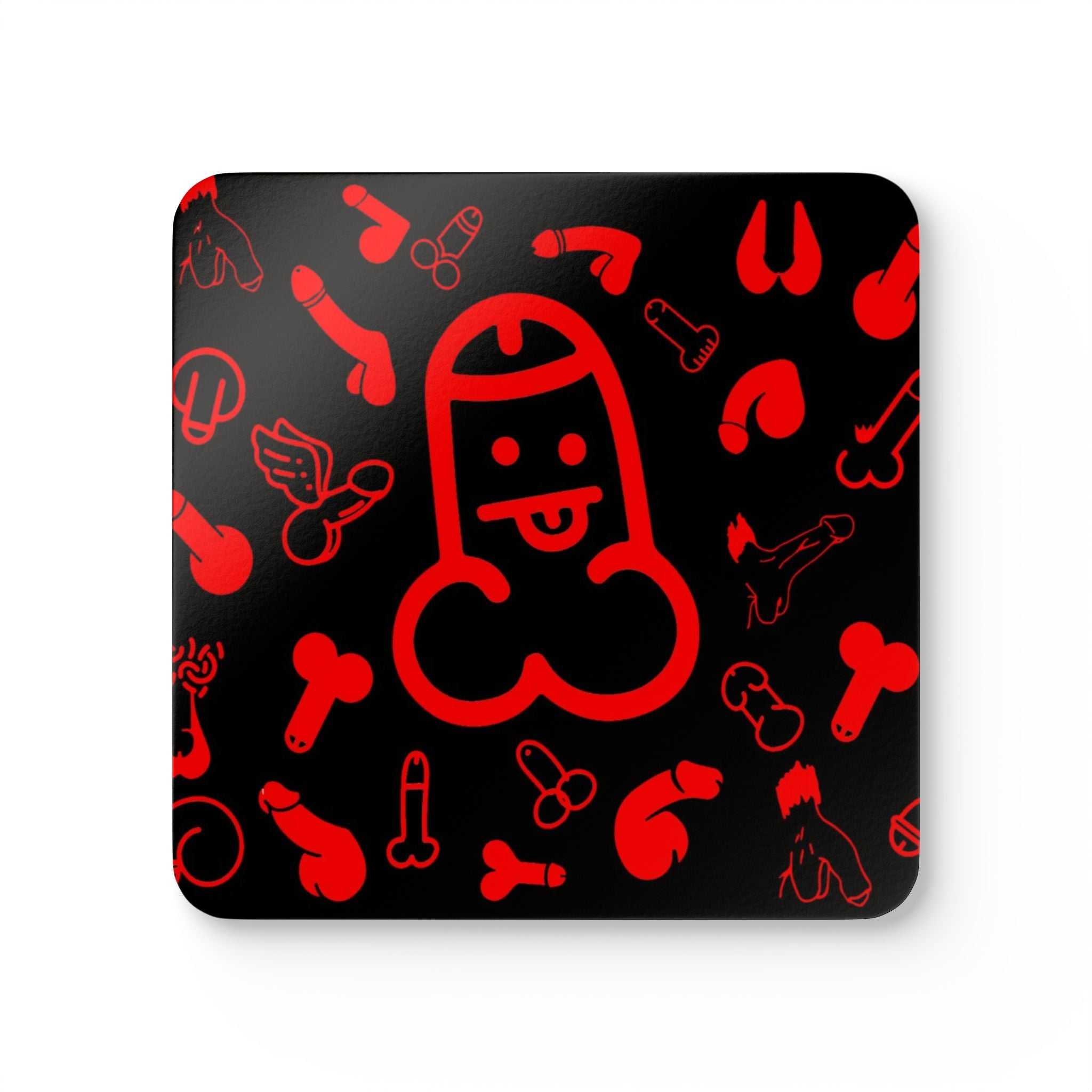 Cheeky red-themed coaster with playful designs, set of four.