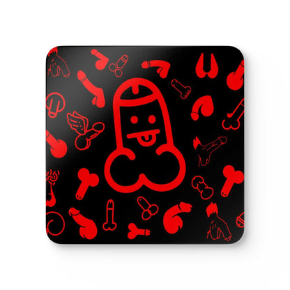 Cheeky red-themed coaster with playful designs, set of four.