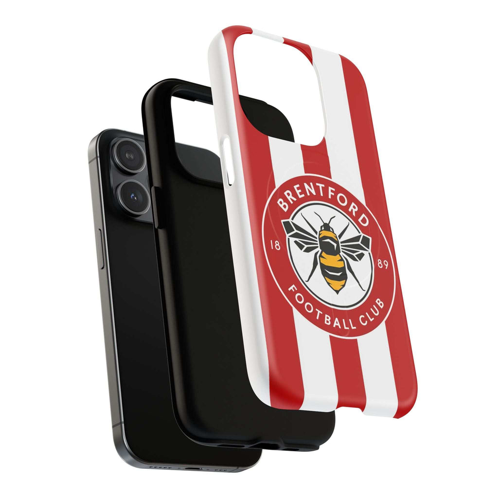Brentford FC MagSafe iPhone case with red and white stripes and club crest, dual layer protection, and MagSafe compatibility