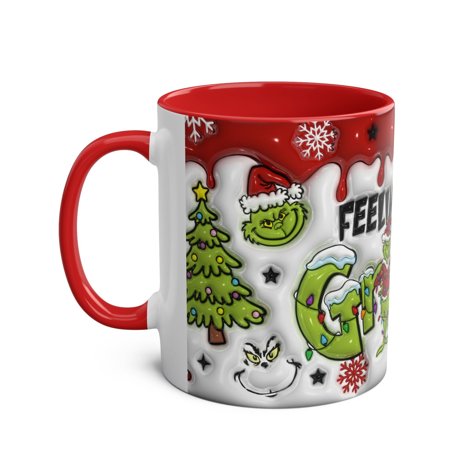 Grinchy Christmas Mug with festive design, 11oz ceramic, red interior and handle.