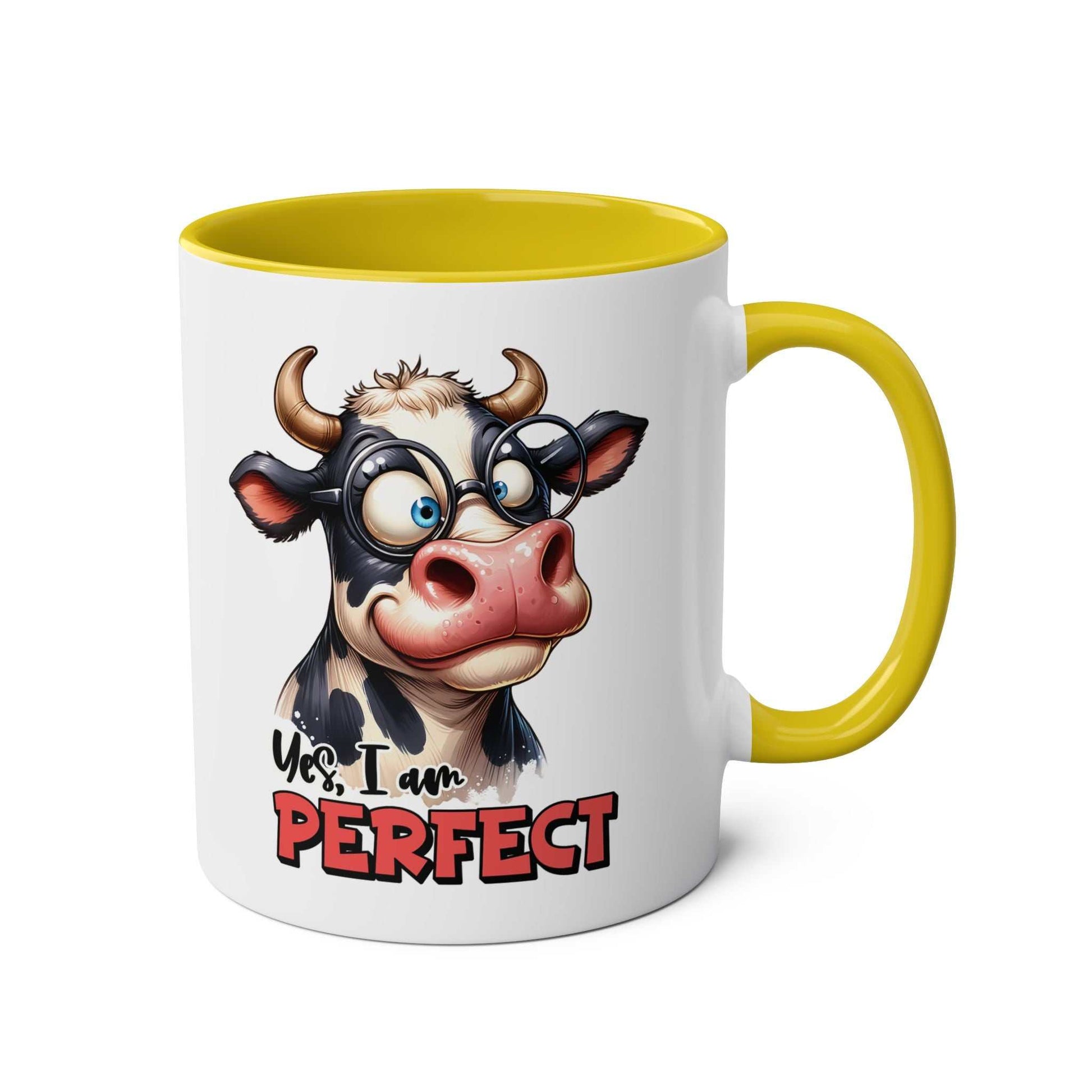 I Am Perfect Coffee Mug with fun cow design, yellow interior, and handle.