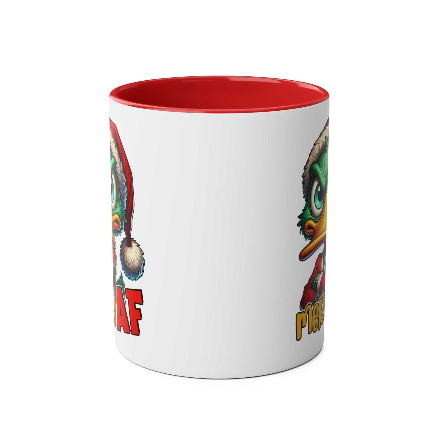 Novelty Christmas mug with sassy duck design, available in 7 colors, 11oz ceramic.