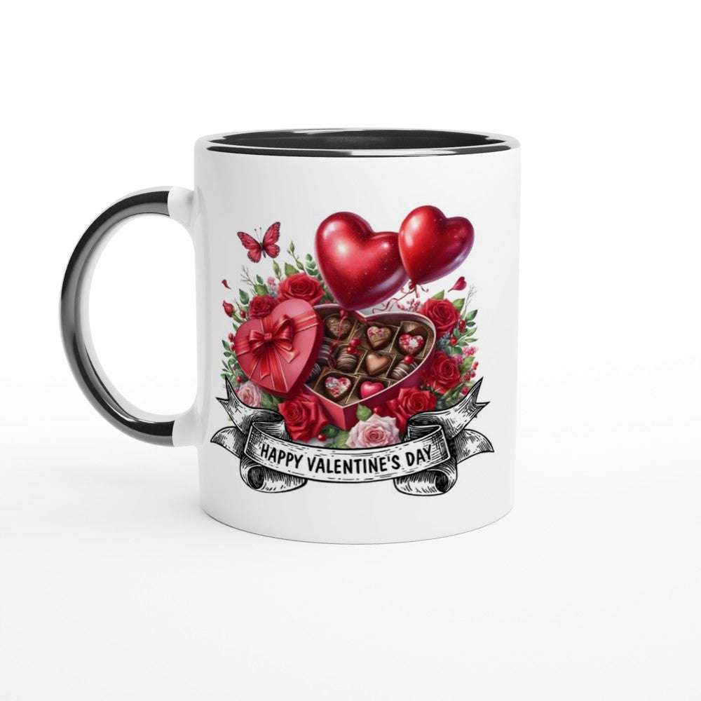 Gorgeous Valentine's Mug with heart and rose design, perfect coffee gift, 11oz ceramic, available in 7 colors.