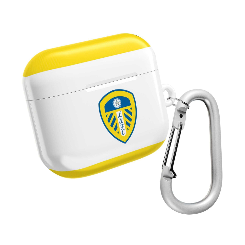 Leeds Utd FC AirPods protective case with white and yellow design and club crest, featuring durable, shock-resistant shell and metal clip.