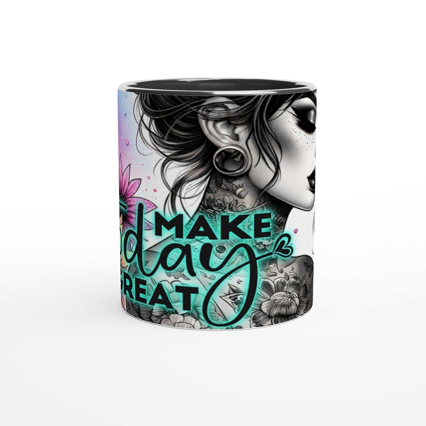 Motivational ceramic coffee mug with "Make Today Great" design, two-tone, glossy finish, 11oz capacity.