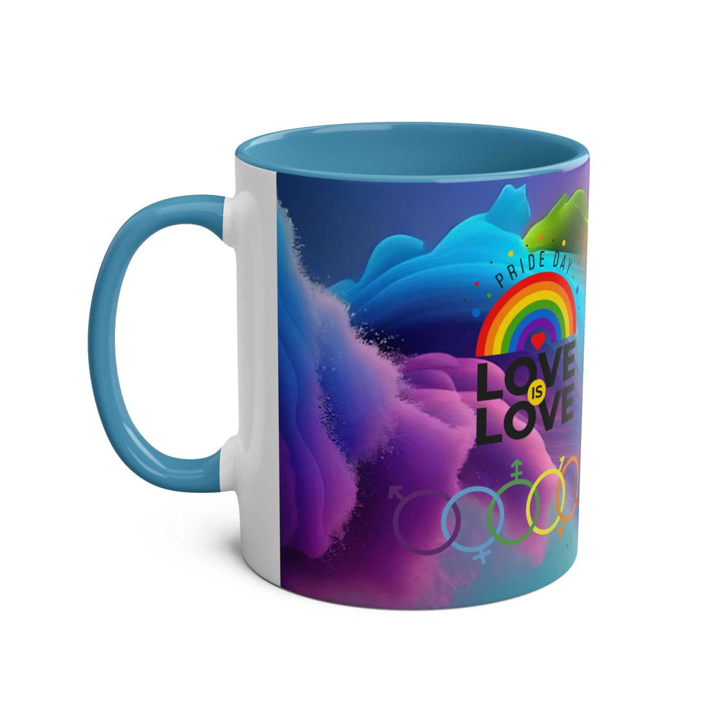 LGBTQ+ Pride Mug with vibrant rainbow design and "Love is Love" message.