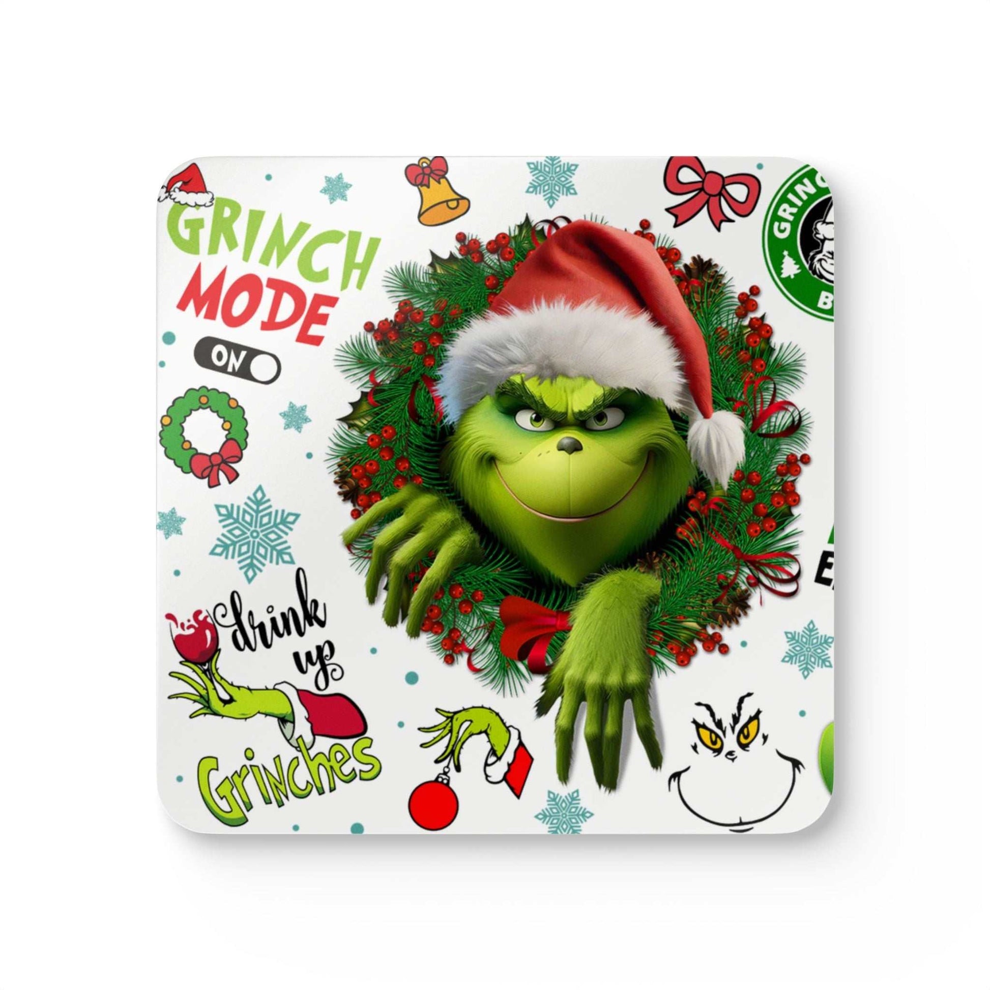 Grinch Coaster Set with festive design and non-slip cork back.