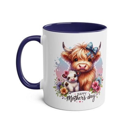 Cute Highland Cow Mother's Day gift mug with colorful cow illustration and vibrant floral design.