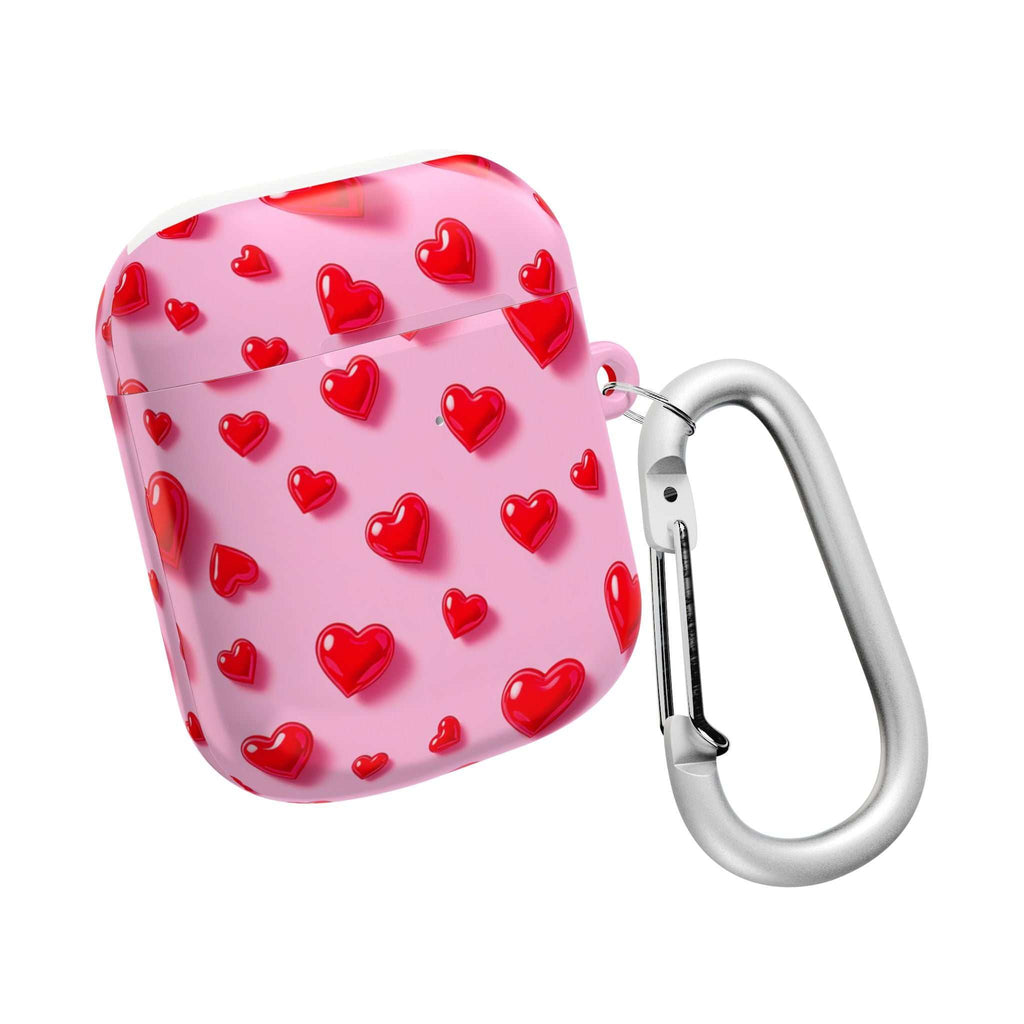 Pink Hearts AirPods protective hard shell case with red heart pattern and carabiner clip