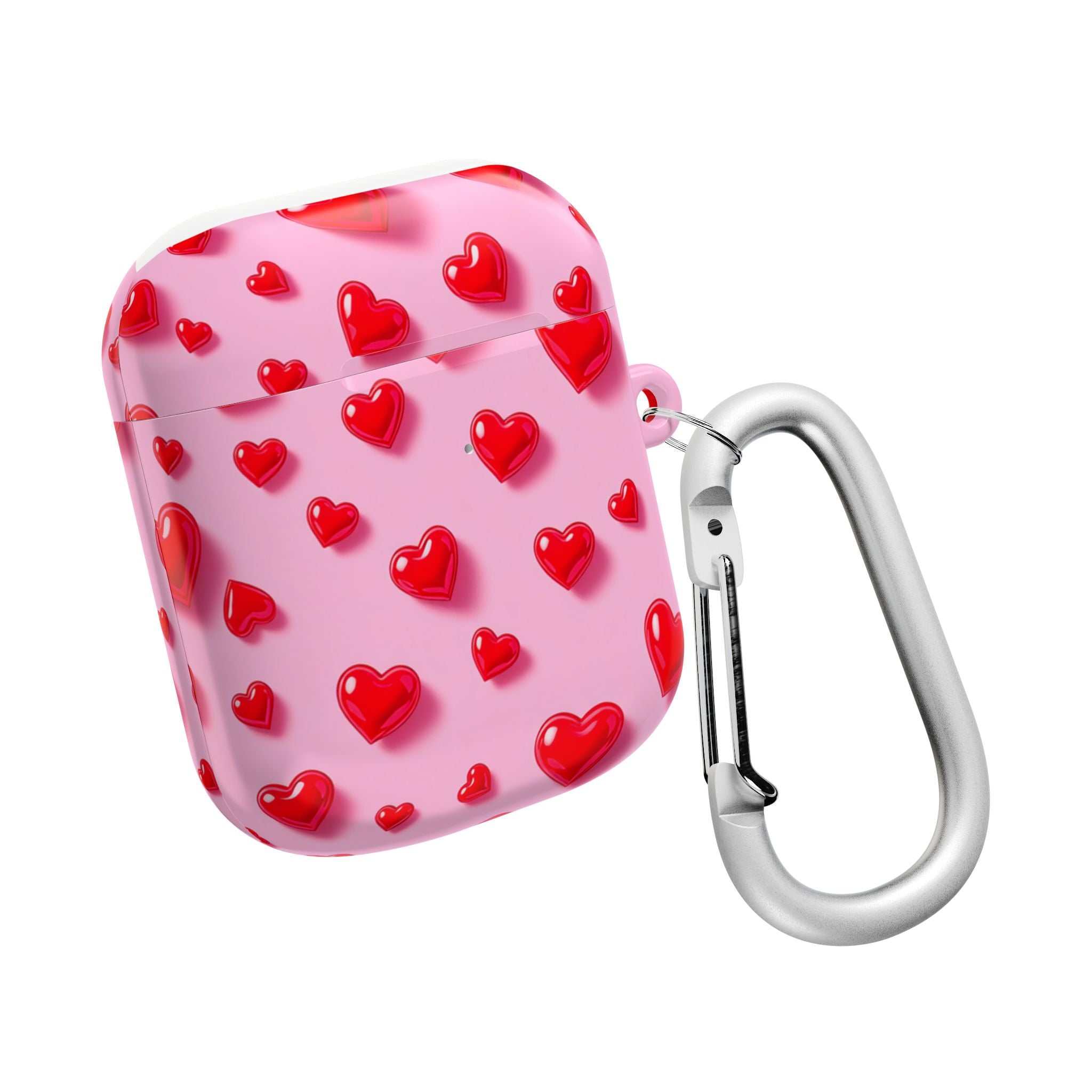 Pink Hearts AirPods protective hard shell case with red heart pattern and carabiner clip