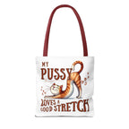 Fun stretching cat tote bag with cheeky design and colorful handles