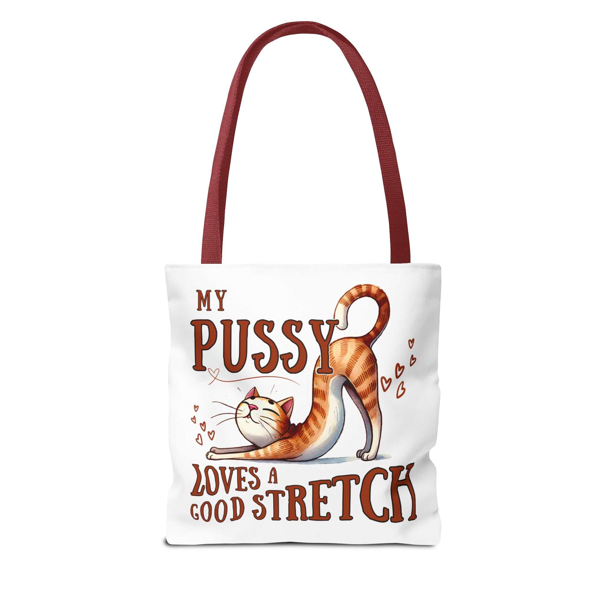 Fun stretching cat tote bag with cheeky design and colorful handles