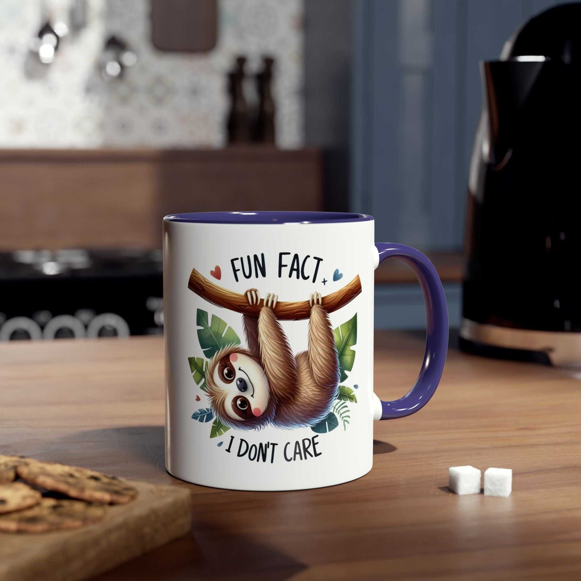 Cute sloth coffee mug with whimsical design and "Fun Fact, I Don't Care" text, perfect for animal lovers.