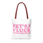 Pink heart tote bag with cheeky fun design and colorful handles