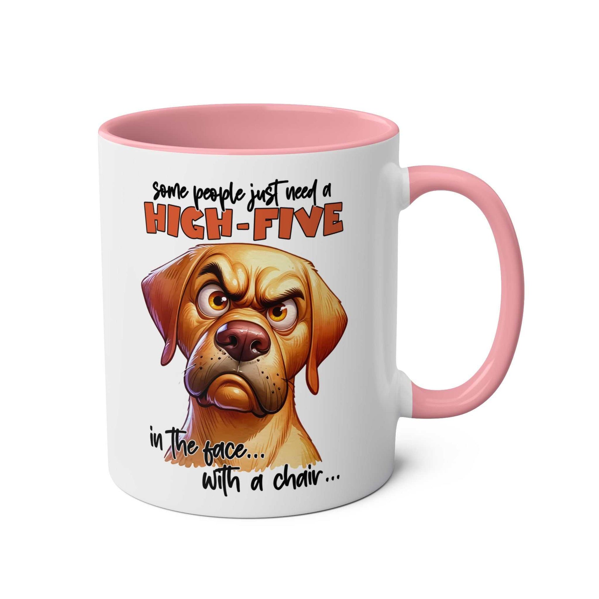 Snarky dog graphic high five coffee mug with pink handle and interior.