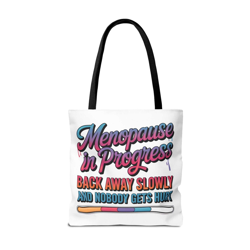 Menopause in Progress tote bag with cheeky design, durable polyester, multiple sizes and handle colors for daily use