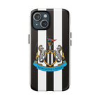Newcastle United MagSafe iPhone case with black and white stripes and club crest, dual layer protection, shock-absorbing TPU liner, and MagSafe compatibility