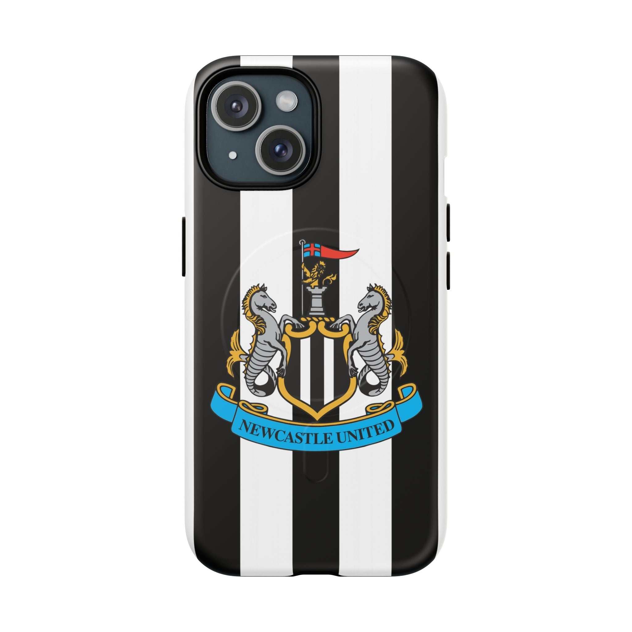 Newcastle United MagSafe iPhone case with black and white stripes and club crest, dual layer protection, shock-absorbing TPU liner, and MagSafe compatibility