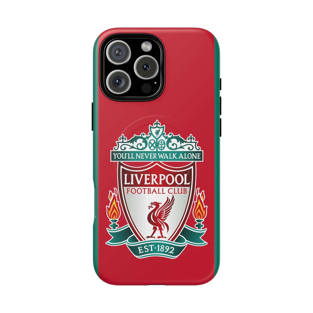 Liverpool FC MagSafe iPhone case with red color and official-inspired crest, dual-layer protection, and MagSafe compatibility.