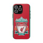 Liverpool FC MagSafe iPhone case with red color and official-inspired crest, dual-layer protection, and MagSafe compatibility.