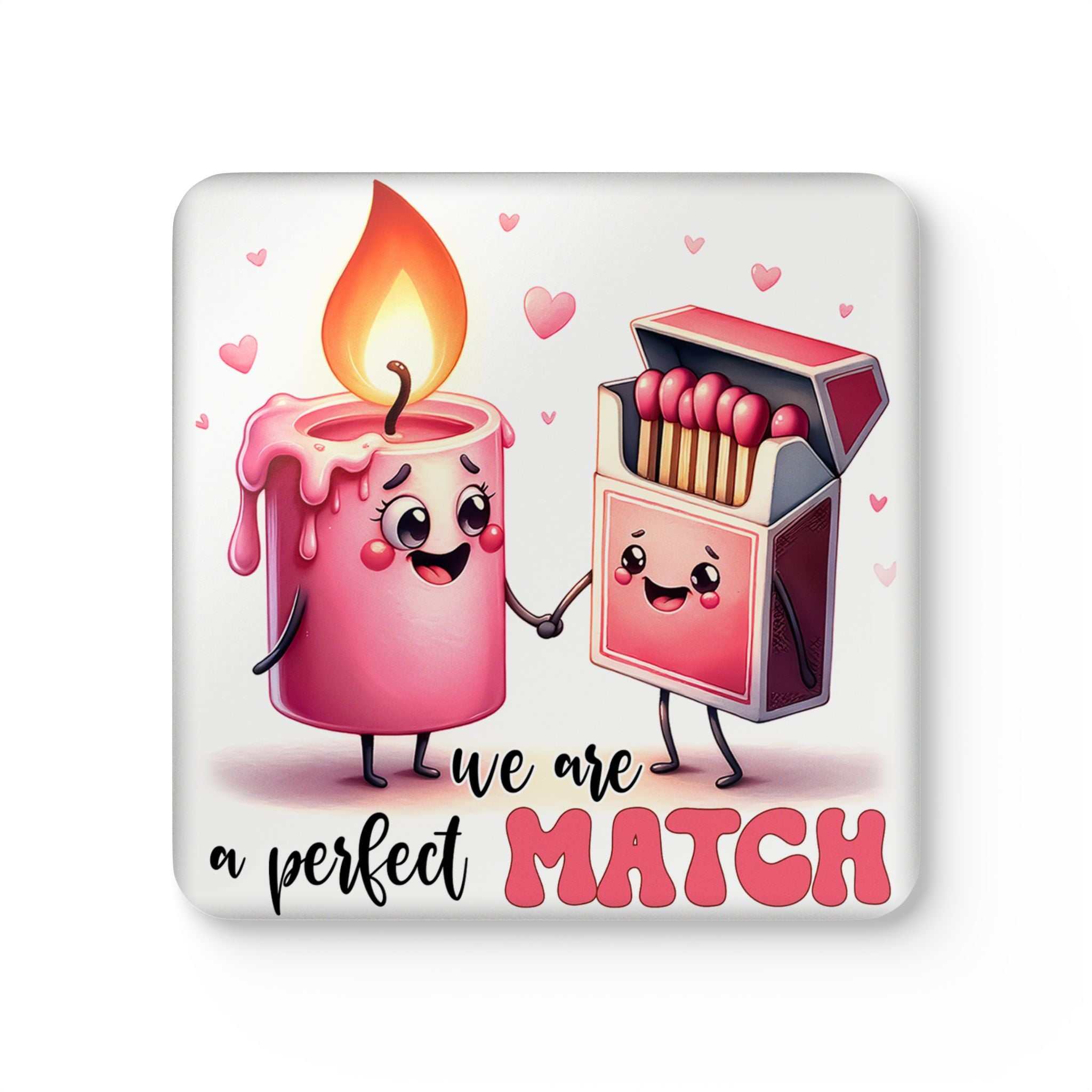 A Perfect Match Coaster Set with playful matchstick and candle design.