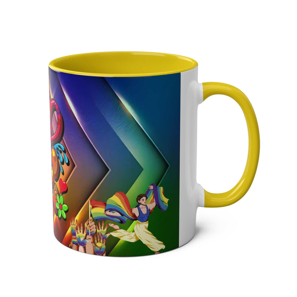 Vibrant LGBTQ+ Pride Mug with rainbow design and yellow interior.
