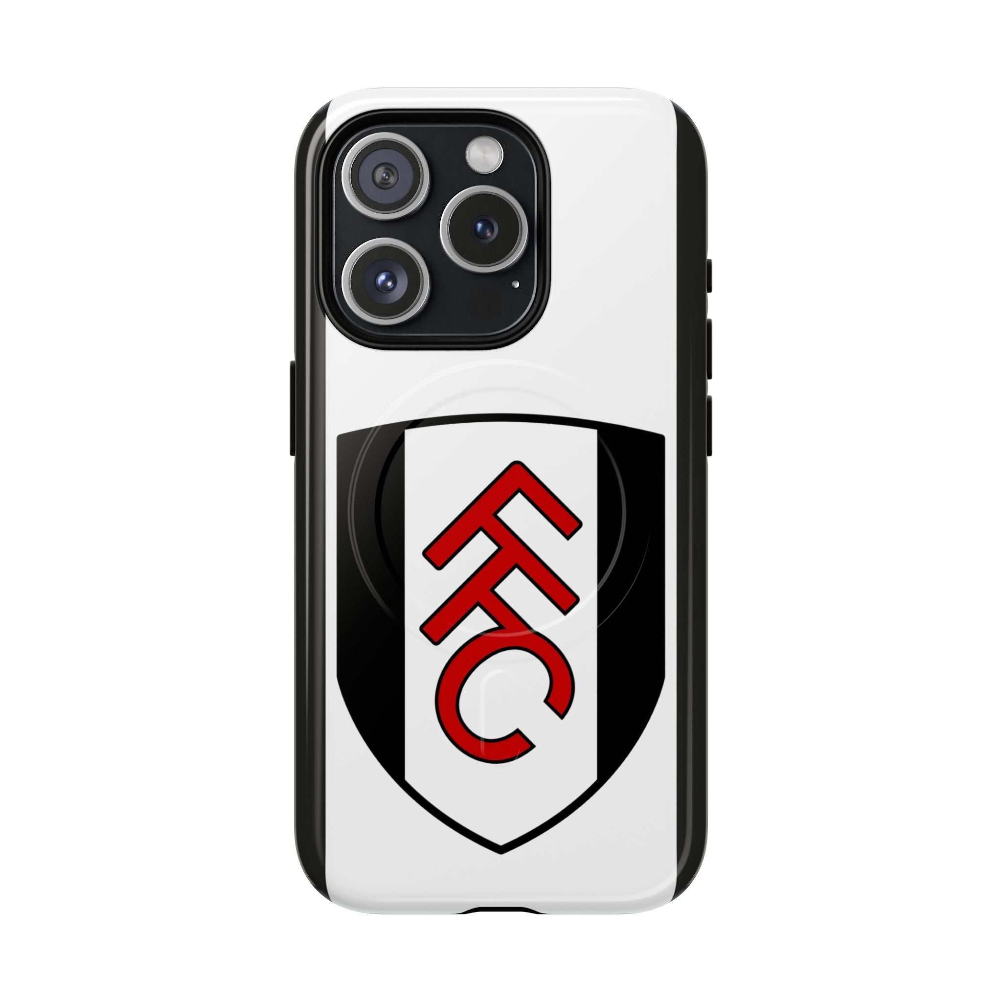 Fulham FC MagSafe iPhone case with black and white crest, shock-absorbing dual-layer protection, and wireless charging compatible.