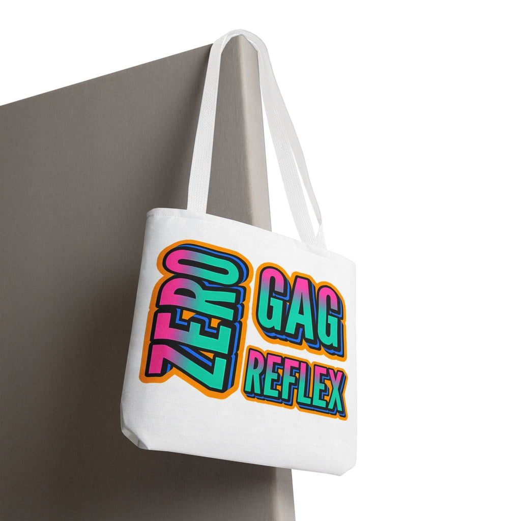 Zero Gag Reflex Tote Bag with cheeky design, durable spun polyester, cotton straps, and multiple handle colors.