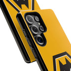 Wolves FC magnetic Samsung case with gold and black colors and shock-absorbing dual layers for protection and wireless charging compatibility