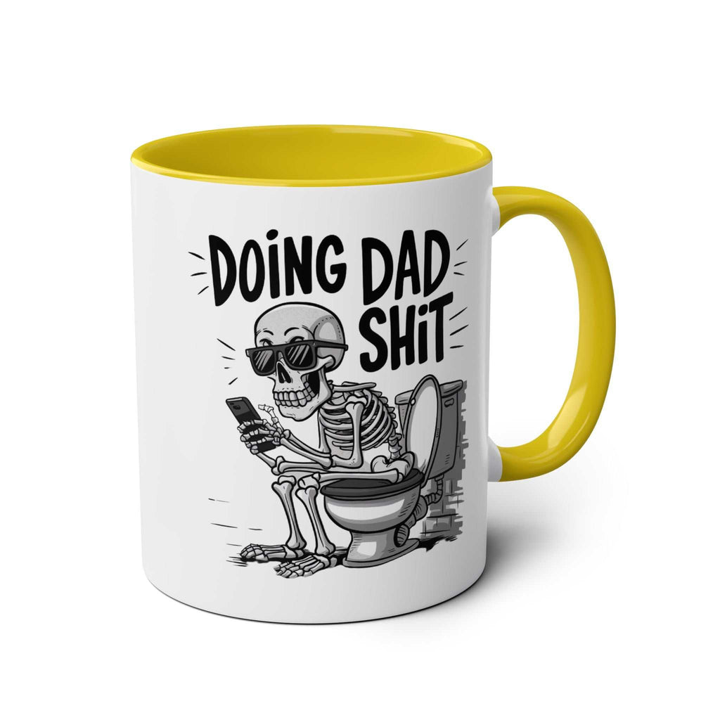 Fun Fathers Day Gift Mug with humorous skeleton design, yellow handle, and glossy finish, perfect for dads.