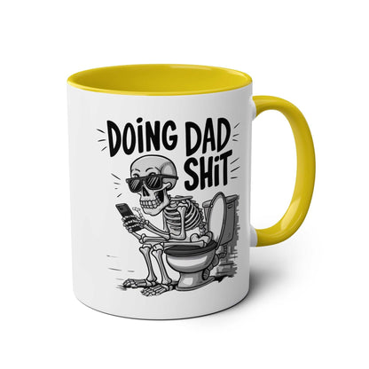 Fun Fathers Day Gift Mug with humorous skeleton design, yellow handle, and glossy finish, perfect for dads.