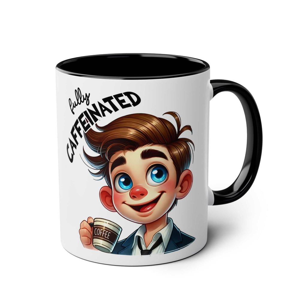 Fun Sarcastic Coffee Mug with cartoon character and 'fully caffeinated' text, 11oz ceramic with glossy finish.